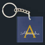 Navy Blue Gold Modern Script Girly Monogram Name Key Ring<br><div class="desc">Navy Blue and Gold Simple Script Monogram Name Keychain. This makes the perfect sweet 16 birthday,  wedding,  bridal shower,  anniversary,  baby shower or bachelorette party gift for someone that loves glam luxury and chic styles.</div>