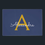 Navy Blue Gold Modern Script Girly Monogram Name Laminated Place Mat<br><div class="desc">Navy Blue and Gold Simple Script Monogram Name Place Mats. This makes the perfect graduation,  birthday,  wedding,  bridal shower,  anniversary,  baby shower or bachelorette party gift for someone that loves glam luxury and chic styles.</div>