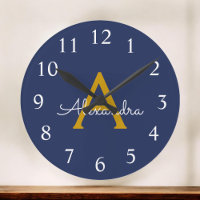 Navy Blue Gold Modern Script Girly Monogram Name