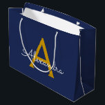 Navy Blue Gold Modern Script Girly Monogram Name Large Gift Bag<br><div class="desc">Navy Blue and Gold Simple Script Monogram Name Gift Bag. This makes the perfect sweet 16 birthday,  wedding,  bridal shower,  anniversary,  baby shower or bachelorette party gift bag for someone that loves glam luxury and chic styles.</div>