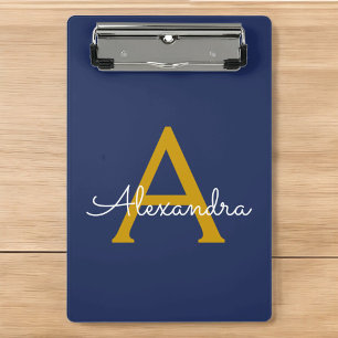 Navy Blue Gold Modern Script Girly Monogram Name Mini Clipboard