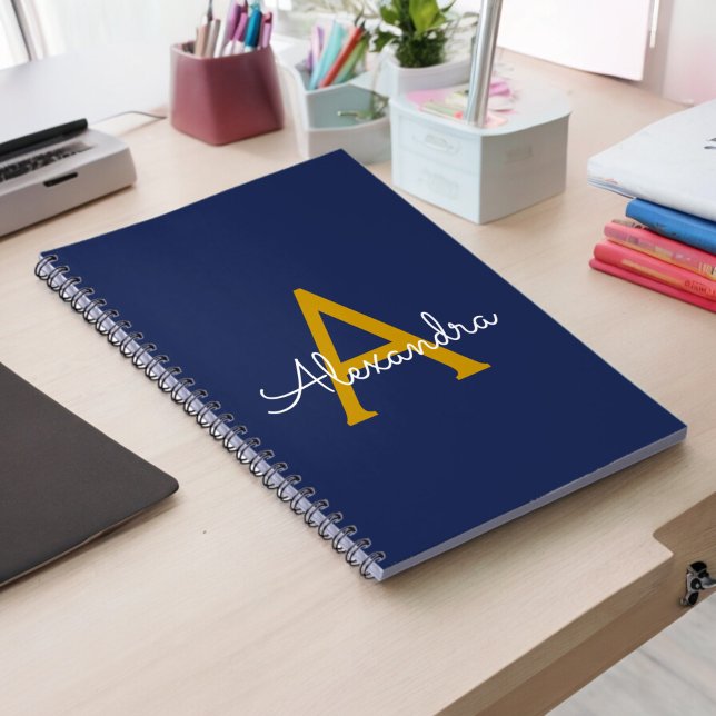 Navy Blue Gold Modern Script Girly Monogram Name Notebook (Creator Uploaded)