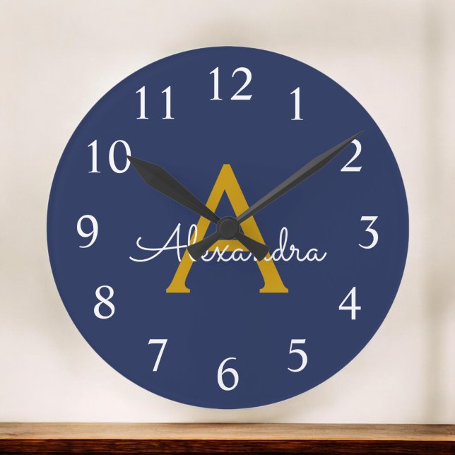 Navy Blue Gold Modern Script Girly Monogram Name Round Clock (Creator Uploaded)
