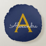 Navy Blue Gold Modern Script Girly Monogram Name Round Cushion<br><div class="desc">Navy Blue and Gold Simple Script Monogram Name Pouf Pillow. The pillow makes the perfect sweet 16 birthday,  wedding,  bridal shower,  baby shower or bachelorette party gift for someone decorating her room in rose gold.</div>