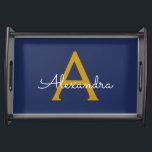 Navy Blue Gold Modern Script Girly Monogram Name Serving Tray<br><div class="desc">Navy Blue and Gold Simple Script Monogram Name Place Serving Tray. This makes the perfect graduation,  birthday,  wedding,  bridal shower,  anniversary,  baby shower or bachelorette party gift for someone that loves glam luxury and chic styles.</div>