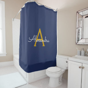 Navy Blue Gold Modern Script Girly Monogram Name Shower Curtain
