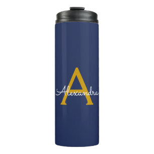 Navy Blue Gold Modern Script Girly Monogram Name Thermal Tumbler