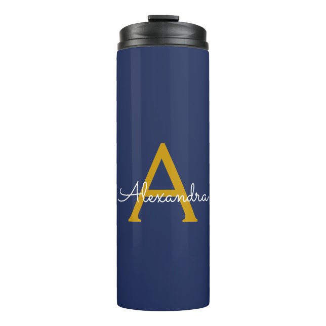 Navy Blue Gold Modern Script Girly Monogram Name Thermal Tumbler (Front)