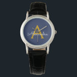 Navy Blue Gold Modern Script Girly Monogram Name Watch<br><div class="desc">Navy Blue and Gold Simple Script Monogram Name Watch. This makes the perfect graduation,  birthday,  wedding,  bridal shower,  anniversary,  baby shower or bachelorette party gift for someone that loves glam luxury and chic styles.</div>