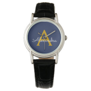 Navy Blue Gold Modern Script Girly Monogram Name Watch