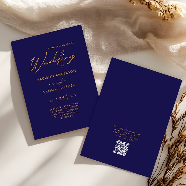 Navy Blue Gold Modern Typography RSVP Wedding Invitation (Front / Back)