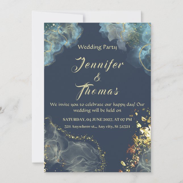 Navy blue Gold Modern Wedding Invitation (Front)