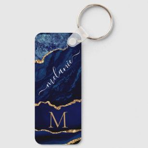 Navy Blue Gold Monogram Custom Name Keychain Gift