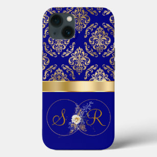 Navy Blue Gold Monogram Damask Wedding Gift  iPhone 13 Case