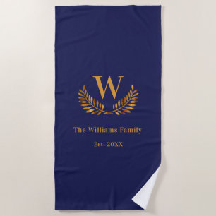 Navy blue gold monogram initial laurel wreath beach towel