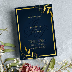 Navy blue gold monogram initials floral wedding invitation