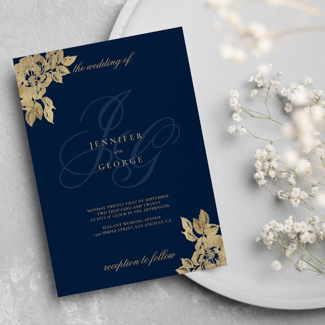 Navy blue gold monogram initials floral wedding invitation (Navy blue gold monogram initials floral wedding invitation )