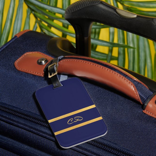Navy blue gold monogram initials luggage tag (Front Insitu 1)