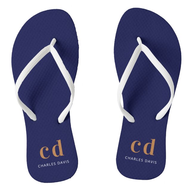Navy blue gold monogram initials name  thongs (Footbed)