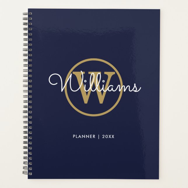 Navy Blue Gold Monogram Name 2022 Planner (Front)