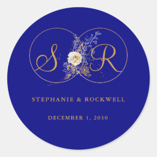 Navy Blue Gold Monogram Name Initial Wedding Classic Round Sticker
