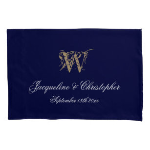 Navy Blue Gold Monogram + Names Newlywed Wedding Pillowcase