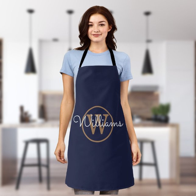 Navy Blue Gold Monogram Script Name Apron (Creator Uploaded)