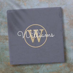 Navy Blue Gold Monogram Script Name Stone Coaster