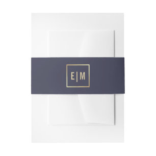 Navy Blue Gold Monogram Wedding Invitation Belly Band
