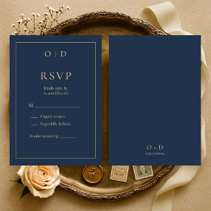 Navy Blue Gold Monogram Wedding RSVP Card