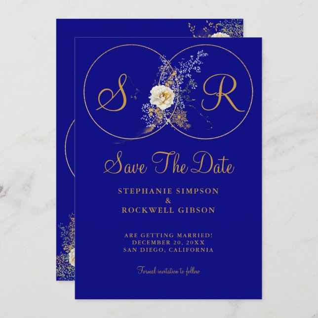 Navy Blue Gold Monogram Wedding   Save The Date (Front/Back)