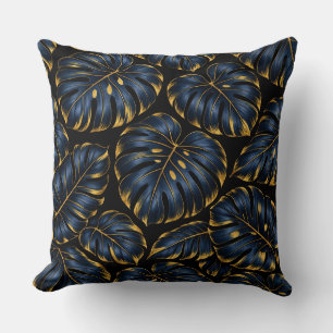 Navy Blue Gold Monstera Luxury Botanical Cushion