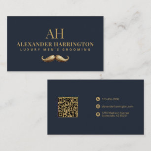 Navy Blue Gold Moustache Luxury Mens Grooming Business Card