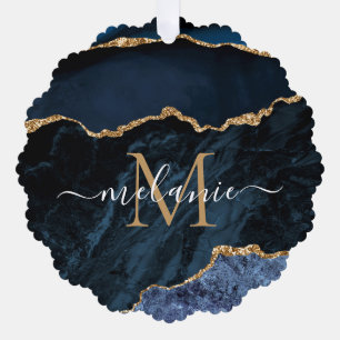 Navy Blue Gold Name Letter Christmas Ornament Card