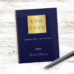 Navy blue gold name script business logo 2025 planner<br><div class="desc">A stylish,  classic navy blue background.  Personalise and add your business,  company logo,  a text,  year and personal name.  Golden letters.  If you want it without text,  use your back-space key to delete.
Add your own website address on the back.</div>