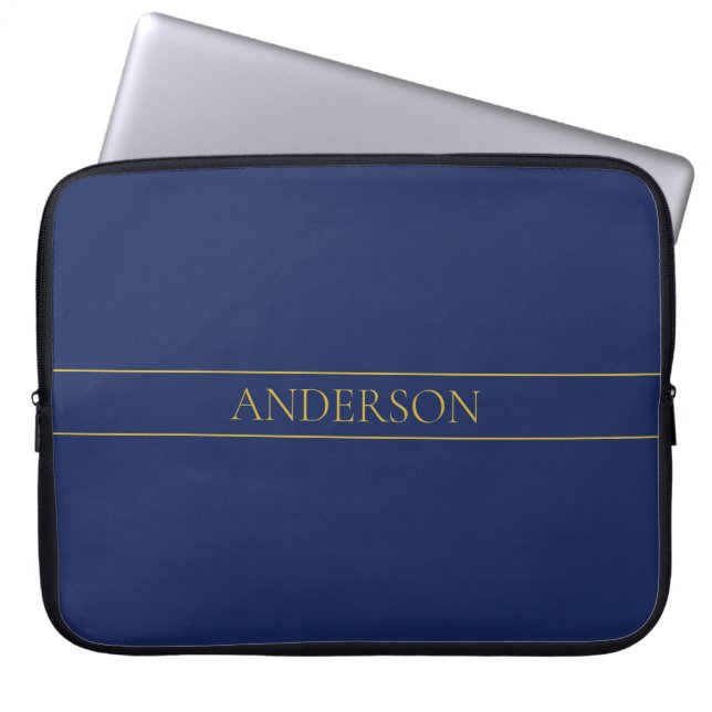 Navy Blue & Gold Name Surname or Business  Laptop Sleeve (Front)