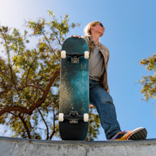 Navy Blue Gold Nebula Monogram Skateboard