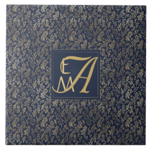 Navy Blue Gold Newly Weds Wedding Monogram Decor Ceramic Tile