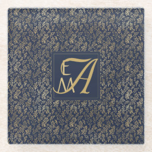 Navy Blue Gold Newly Weds Wedding Monogram Decor Glass Coaster