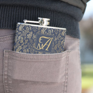 Navy Blue Gold Newly Weds Wedding Monogram Decor Hip Flask