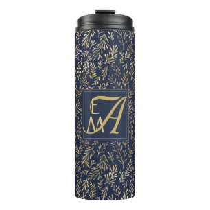 Navy Blue Gold Newly Weds Wedding Monogram Decor Thermal Tumbler