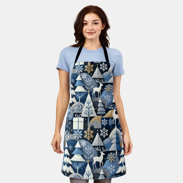 Navy Blue Gold Nordic Christmas Forest Pattern Apron (Worn)