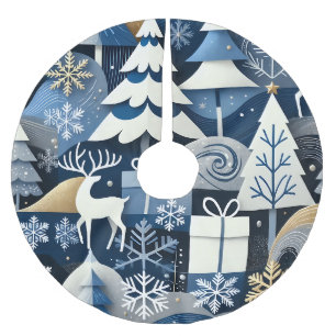 Navy Blue Gold Nordic Christmas Forest Pattern Brushed Polyester Tree Skirt