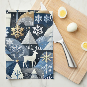 Navy Blue Gold Nordic Christmas Forest Pattern Tea Towel
