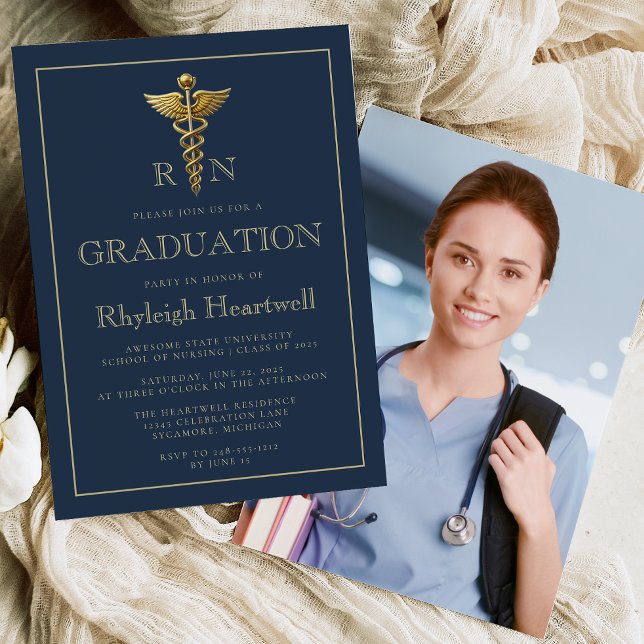 Navy Blue Gold Nurse RN Photo Graduation Party Invitation (Creator Uploaded)