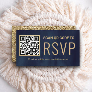 Navy Blue Gold Online QR Code RSVP Wedding Website Enclosure Card