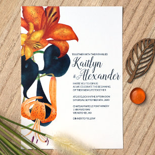 Navy Blue, Gold, Orange Tiger Lilies Wedding Invitation