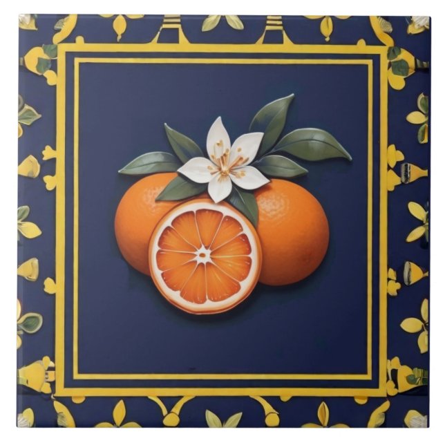 Navy Blue & Gold Oranges Mediterranean Fruit Ceramic Tile (Front)