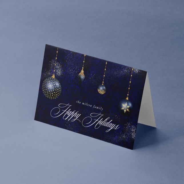 Navy Blue Gold Ornament Happy Holidays Greeting Card (Creator Uploaded)