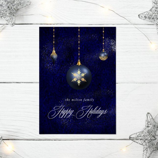 Navy Blue Gold Ornament Holiday Greeting Card (Creator Uploaded)